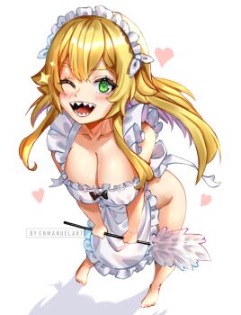 1girl ;d apron artist_name bare_shoulders barefoot blonde_hair blush breasts cleavage collarbone duster enma_(enmanuelart) eyelashes frederica_baumann frilled_apron frilled_headwear frills from_above full_body green_eyes groin heart highres holding holding_duster large_breasts leaning_forward long_hair looking_at_viewer maid maid_apron maid_headdress naked_apron nose one_eye_closed open_mouth re:zero_kara_hajimeru_isekai_seikatsu roswaal_mansion_maid_uniform shadow sharp_teeth simple_background smile solo standing teeth tongue watermark white_background