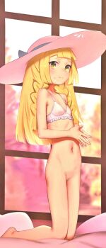 1girl absurdres bare_arms bare_hips bare_legs bare_shoulders barefoot blonde_hair blue_ribbon blurry blurry_background bra braid braided_bangs cleft_of_venus green_eyes hat highres kneeling kneeling_female large_hat lillie_(pokemon) long_hair looking_at_viewer nervous nintendo no_panties nude_filter on_bed pokemon pokemon_sm pussy ribbon shamonabe stomach sweatdrop thighs third-party_edit uncensored underwear white_bra