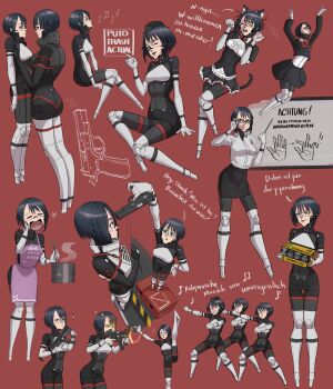 3girls :t absurdres aiming android apron artist_name bespectacled black_bodysuit black_hair blue_eyes bodysuit box breasts carrying carrying_person casing_ejection chads_dancing_to_california_gurls_(meme) clone cooking cooking_pot cz_75 do_not_fist_android_girls_(meme) elster_(signalis) eule_(signalis) firing frills full_body garrison_cap german_text glasses gun h&amp;k_smg_ii handgun hat heart height_difference highres holding holding_box holding_knife holding_ladle holding_weapon kemonomimi_mode knife ladle maid mechanical_legs medium_breasts meme multiple_girls multiple_views musical_note no_feet pencil_skirt pink_apron pistol pointer prototype_design puto_trash red_background shell_casing short_hair signalis simple_background sitting skirt smile split standing standing_on_one_leg standing_split star_(signalis) submachine_gun teacher thigh_gap translated type-75_protektor type-84_drache weapon whiteboard