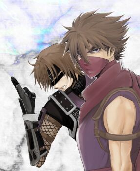 2boys arm_guards armor black_gloves black_headband blue_eyes brown_hair censored censored_identity crossover final_fantasy final_fantasy_xi fishnet_sleeves fishnets gloves headband holster hume japanese_armor japanese_clothes kitanai_ninja looking_at_viewer looking_down looking_to_the_side m.u.g.e.n mask mouth_mask multiple_boys ninja ninja_(final_fantasy) red_mask red_scarf roku91 scarf short_hair shoulder_holster strider_(game) strider_hiryuu