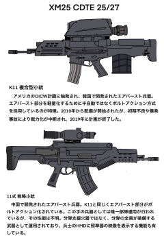 agency_for_defense_development airburst_grenade_launcher assault_rifle bolt-action_grenade_launcher bolt_action bullpup burst_fire_gun burst_fire_rifle carbine chart computerized_scope daewoo_k11 daewoo_precision_industries daewoo_telecom diagram eo_system grenade_launcher gun hansung_ils highres information_sheet japanese_text long_gun magazine_(weapon) mssn65 multi-weapon multiple-barrel_gun no_humans norinco_(firearms_manufacturer) original poongsan_corporation precision-guided_firearm qbz-03 qts-11 rifle s&amp;t_daewoo s&amp;t_motiv scope short-barreled_rifle sight_(weapon) smart_scope smart_scope_focus smart_scope_profile snt_motiv telescopic_sight thermal_weapon_sight translation_request underbarrel_assault_rifle underbarrel_rifle weapon weapon_focus weapon_profile