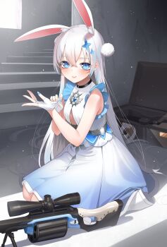 Rule 34 | 1girl, absurdres, animal ears, blue dress, blue eyes, blue nails, closed mouth, commentary, dress, fingerless gloves, gloves, gradient clothes, gradient dress, gun, hair ornament, highres, pom pom (clothes), pom pom hair ornament, rabbit ears, rabbit girl, rifle, shadow, shirousa mikumi, smile, sniper rifle, solo, stairs, star (symbol), star in eye, symbol-only commentary, symbol in eye, vaughnilla, virtual youtuber, vols, weapon, white dress, white gloves