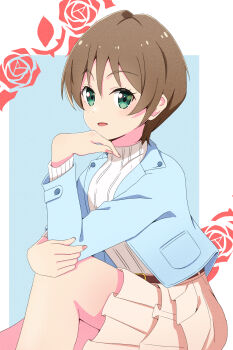 Rule 34 | 1girl, absurdres, blue background, blue jacket, border, brown hair, commentary, floral background, frilled skirt, frills, green eyes, harumiya yukuri, highres, ikizulive! love live! bluebird, jacket, layered skirt, litecolors radi, long sleeves, looking at viewer, love live!, miniskirt, open clothes, open jacket, outside border, ribbed sweater, short hair, sitting, skirt, solo, sweater, turtleneck, turtleneck sweater, white border, white sweater