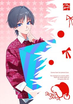 1boy alternate_costume arm_at_side blue_eyes blunt_ends box casual circle collared_shirt contemporary english_text eyeliner eyeshadow genshin_impact gift gift_box grey_hair grey_pants hand_up hat highres holding holding_gift index_finger_raised long_sleeves makeup male_focus mulkimchii pants parted_lips pink_background red_eyeliner red_eyeshadow red_ribbon red_sleeves red_sweater ribbon santa_hat scaramouche_(genshin_impact) shirt solo star_(symbol) star_symbol_background sweater tsurime undershirt upper_body white_mouth white_shirt wing_collar