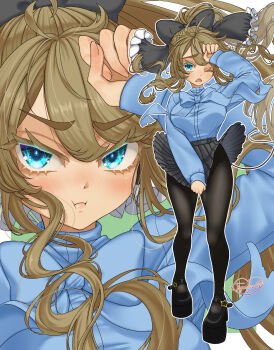 Rule 34 | 1girl, absurdres, artist logo, black boots, black bow, black pantyhose, black skirt, blue eyes, blue shirt, boots, bow, brown hair, clothes lift, commentary request, frilled bow, frills, hair bow, highres, jupiponi, logo, looking at viewer, one eye closed, open mouth, original, pantyhose, platform boots, shirt, skirt, skirt lift, zoom layer