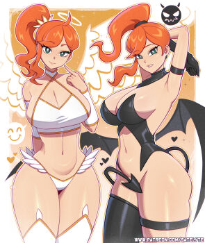 1girl angel angel_and_devil angel_wings armband arms_behind_head arms_up bikini biting_own_lip black_gloves black_leotard blush bottomless breasts cleavage convenient_censoring demon_girl demon_tail demon_wings detached_collar earrings finger_to_mouth gloves green_eyes grin halloween halloween_costume halo heart index_finger_raised jewelry large_breasts leotard long_hair looking_at_viewer multiple_views navel nintendo orange_hair pokemon pokemon_swsh ponytail satelyte side_ponytail single_glove smile smiley_face sonia_(pokemon) speech_bubble spoken_smile standing sweat swimsuit tail tail_censor teeth thick_thighs thighhighs thighs white_bikini white_thighhighs wide_hips wings wristband