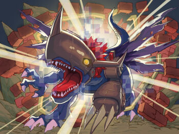 absurdres cyborg digimon digimon_(creature) dinosaur full_body highres mechanical_arms metalgreymon_(virus) no_humans open_mouth red_hair sharp_teeth shige_1237 single_mechanical_arm slit_pupils teeth torn_wings virtual_pet_(toy) wings yellow_eyes