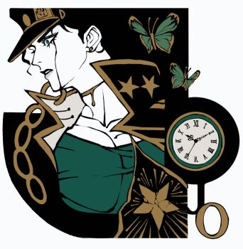 1boy black_hair blue_eyes bug butterfly chain clamchowder55 clock coat earrings flat_color green_butterfly green_shirt hat high_collar highres insect jewelry jojo_no_kimyou_na_bouken kuujou_joutarou limited_palette male_focus peaked_cap pectoral_cleavage pectorals shirt solo star_(symbol) stone_ocean stud_earrings watch yellow_blood