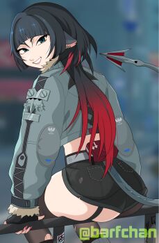 animal_ears ass ass_focus barfchan black_shorts blurry blurry_background from_behind fur-trimmed_jacket fur_trim garter_straps green_jacket high-waist_shorts highres jacket jane_doe_(zenless_zone_zero) long_tail mouse_ears mouse_girl mouse_tail pantyhose red_nails sharp_tail shorts single_garter_strap single_leg_pantyhose single_thighhigh sitting smile tail thighhighs torn_clothes torn_pantyhose torn_thighhighs zenless_zone_zero