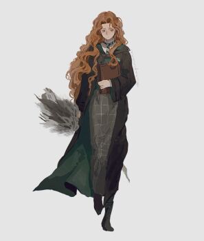 1girl black_robe black_thighhighs blue_eyes book broom brown_shoes brown_skirt collared_shirt full_body green_necktie gynger_edventray_(hiiragimare) highres hiiragimare hogwarts_legacy holding holding_book holding_broom hooded_robe long_hair long_skirt necktie original red_hair robe shirt shoes simple_background skirt solo thighhighs walking white_background white_shirt wizarding_world