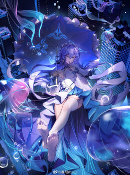 1girl asymmetrical_legwear blue_eyes breasts cantarella_(wuthering_waves) closed_mouth crossed_ankles dress earrings feet finger_to_mouth full_body hair_between_eyes headdress highres holding holding_umbrella index_finger_raised jellyfish jewelry large_breasts long_hair missing_commentary no_shoes parasol purple_hair purple_theme purple_umbrella senemaru single_sock single_thighhigh smile socks soles solo thighhighs thighs toes umbrella uneven_legwear very_long_hair white_dress white_socks white_thighhighs wuthering_waves