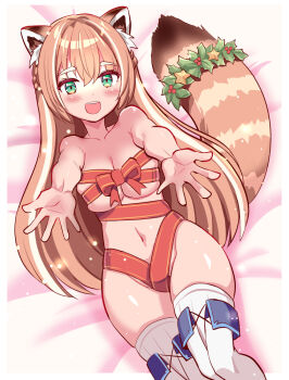animal_ear_fluff animal_ears breasts cougar_(cougar1404) gift gift_wrapping green_eyes indie_virtual_youtuber long_hair looking_at_viewer mistletoe navel pantyhose_only open_hands open_mouth red_panda_ears red_panda_girl red_panda_tail red_ribbon ribbon teeth thighhighs thighs upper_teeth_only virtual_youtuber wrapped_up yuria_of_ailurus
