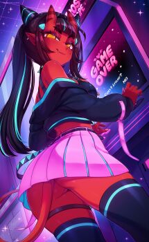 1girl arcade_cabinet arcade_stick ass bare_shoulders black_thighhighs blunt_bangs blush breasts colored_skin controller demon_girl demon_horns demon_tail fang freckles from_below game_controller game_over highres horns joystick long_hair long_sleeves looking_at_viewer meruccubus_(merunyaa) merunyaa mole mole_under_eye oni orange_eyes original pointy_ears red_eyes red_oni red_skin shiny_skin skin-covered_horns smile solo tail thighhighs