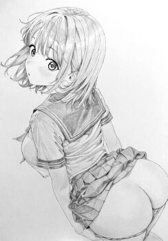 1girl :o absurdres ass blush breasts butt_crack clothes_lift commentary_request cowboy_shot from_above from_behind graphite_(medium) greyscale highres large_breasts lensia looking_at_viewer medium_hair monochrome original panties panty_pull parted_lips pleated_skirt sailor_collar school_uniform serafuku shirt short_sleeves sidelocks skirt skirt_lift solo standing traditional_media underwear