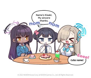 >_< 3girls asuna_(blue_archive) asuna_(school_uniform)_(blue_archive) blue_archive blue_cardigan blue_halo blue_nails blue_ribbon braid breasts button_gap cardigan cherry chibi closed_eyes closed_mouth collared_shirt commentary cup cupcake dark-skinned_female dark_skin donmin_h double_bun dress_shirt english_commentary english_text food fruit grey_halo hair_bun hair_ornament hair_over_one_eye hairclip halo hands_up heart heart-shaped_food holding holding_spoon karin_(blue_archive) karin_(school_uniform)_(blue_archive) kisaki_(blue_archive) large_breasts light_smile long_hair multiple_girls nail_polish necktie no_nose official_art open_mouth orange_eyes plate purple_hair ribbon scrunchie shirt short_sleeves speech_bubble spoon table twin_braids very_long_hair white_shirt wrist_scrunchie