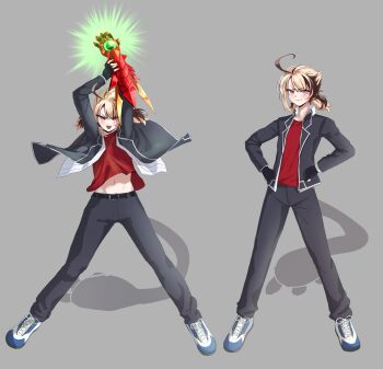 1girl absurdres ahoge blonde_hair boosted_gear brasileiroo brown_hair contrapposto cosplay fingerless_gloves gauntlets gigi_murin gloves high_school_dxd highres hololive hololive_english hyoudou_issei hyoudou_issei_(cosplay) kuoh_academy_school_uniform long_hair looking_at_viewer multicolored_hair open_mouth pink_eyes school_uniform shirt shoes short_hair simple_background smile sneakers solo tail twintails two-tone_hair virtual_youtuber