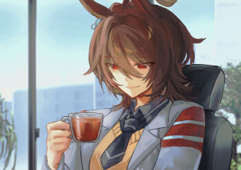 1girl agnes_tachyon_(tach-nology)_(umamusume) agnes_tachyon_(umamusume) ahoge animal_ears black_necktie black_shirt brown_hair chemical_structure closed_mouth coat collared_shirt cup daimondai4 ear_ornament earrings highres holding holding_cup horse_ears horse_girl jewelry lab_coat necktie open_clothes open_coat red_eyes shirt short_hair short_necktie single_earring smile sweater tea umamusume white_coat yellow_sweater
