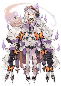 1girl artist_name bell_sleeves black_bow black_shoes blush bow bowtie breasts bug butterfly closed_mouth collared_dress crossed_bangs dress fire frilled_dress frilled_hat frilled_sleeves frills full_body gradient_bow hair_between_eyes hair_bow halloween_costume hand_up hands_up hat hat_bow hitodama insect jack-o&#039;-lantern layered_dress layered_sleeves lolita_fashion long_hair long_sleeves looking_at_viewer medium_breasts orange_bow orange_eyes original pantyhose pumpkin purple_bow purple_fire shiromine_kana shoes short_dress signature simple_background sleeves_past_fingers sleeves_past_wrists smile solo standing very_long_hair watermark wavy_hair wedge_heels white_background white_dress white_hair white_hat white_pantyhose wide_sleeves