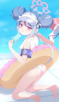 1girl :3 :p absurdres antenna_hair armband ass bare_legs bare_shoulders barefoot blue_archive blue_armband blue_hair blue_visor blush breasts closed_mouth commentary donut_innertube dot_nose double_bun feet food fubuki_(blue_archive) fubuki_(swimsuit)_(blue_archive) furrowed_brow hair_bun hair_ribbon halo hand_up heart hello-ghiblisan highres holding holding_food holding_megaphone holding_popsicle innertube kneeling loli long_hair looking_at_viewer looking_back megaphone multicolored_hair official_alternate_costume old_school_swimsuit on_ground one-piece_swimsuit pink_halo poolside popsicle red_eyes ribbon school_swimsuit sidelocks small_breasts smug solo swim_ring swimsuit thighs tile_floor tiles toes tongue tongue_out visor_cap wet whistle whistle_around_neck white_one-piece_swimsuit white_ribbon white_school_swimsuit