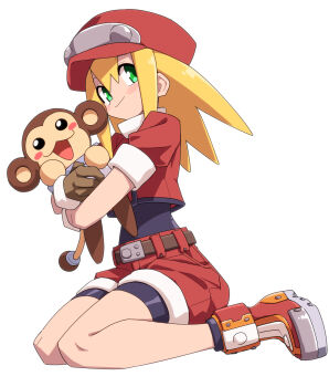 1girl belt bike_shorts blonde_hair boots brown_gloves closed_mouth commentary data_(mega_man) gloves green_eyes hair_between_eyes hat highres holding long_hair looking_at_viewer mega_man_(series) mega_man_legends_(series) monkey newsboy_cap non-humanoid_robot open_mouth panties_under_bike_shorts red_boots robot robot_animal roll_caskett_(mega_man) short_sleeves shorts simple_background sitting white_background yachima_tana