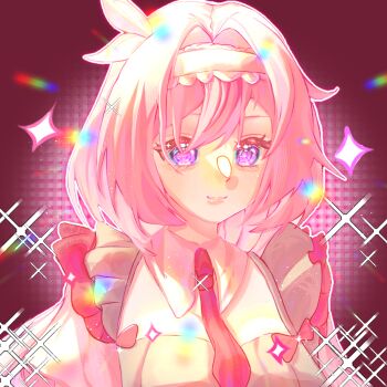 1girl breasts chinese_commentary commentary_request dress elysia_(honkai_impact) hairband honkai_(series) honkai_impact_3rd large_breasts long_hair looking_at_viewer necktie pink_hair purple_background purple_eyes red_necktie smile solo sparkle sparkling_aura upper_body very_long_hair white_dress white_hairband yingjingxue90662