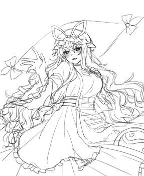 Rule 34 | 1girl, blush, breasts, commentary request, dress, frilled sleeves, frills, gap (touhou), greyscale, hat, hat ribbon, highres, large breasts, long hair, long sleeves, looking at viewer, mob cap, mochigumo, monochrome, open mouth, ribbon, sketch, smile, solo, stocking (psg), tabard, touhou, very long hair, wide sleeves, yakumo yukari