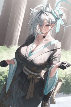 1girl ahoge alternate_costume alternate_hairstyle animal_ear_fluff animal_ears aqua_eyes black_choker black_gloves black_kimono blue_archive blue_bow blush bow breasts choker collarbone commentary_request gloves grey_hair hair_bow half_gloves halo highres huge_ahoge huge_breasts japanese_clothes kimono looking_at_viewer mismatched_pupils obi outdoors sash shiroko_terror_(blue_archive) smile solo wide_sleeves wolf_ears yamanokami_eaka