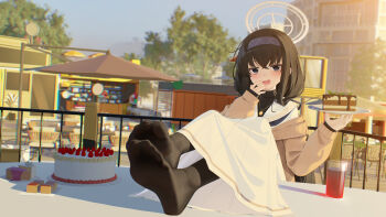 1girl absurdres birthday_cake black_hair black_pantyhose blue_archive blue_eyes blush cake cake_slice feet feet_on_table food hairband han_(hehuihuihui) highres long_hair looking_at_viewer open_mouth pantyhose soles toes ui_(blue_archive)