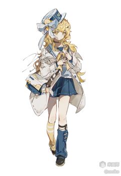 Rule 34 | 1girl, asymmetrical legwear, bag, black choker, black shoes, blonde hair, blue hat, blue jacket, blue shirt, blue skirt, blue socks, bow, bowtie, choker, closed mouth, collared shirt, dated, full body, hat, hat bow, jacket, kneehighs, legwear garter, long hair, long sleeves, mihuashi username, miniskirt, mismatched legwear, off shoulder, open clothes, open jacket, original, pleated skirt, shirt, shoes, signature, simple background, skirt, socks, solo, standing, striped clothes, striped socks, white background, white bow, yellow bow, yellow bowtie, yellow eyes, yellow socks, zeriko