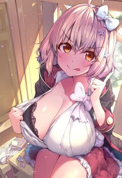 1girl ahoge blonde_hair blush book bra breasts cleavage hair_ribbon highres hikotou_(sao73cat) huge_breasts indoors inkwell looking_at_viewer pointing pointing_up ribbon self_exposure sitting skirt smile solo thighs tongue tongue_out underwear yellow_eyes