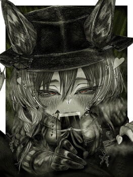 1boy 1girl absurdres animal_ear_fluff animal_ears arknights beanstalk_(arknights) blank_censor blush braid censored commentary_request ears_through_headwear fellatio gloves greyscale hair_between_eyes hetero highres hyena_ears hyena_girl hyena_tail id_card kyoeikyoei52906 long_hair long_sleeves monochrome oral orange_eyes penis pov saliva single_braid single_glove spot_color