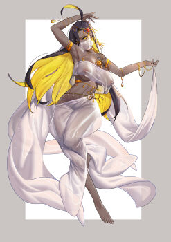 1girl absurdres ahoge arabian_clothes arm_up armlet armpits bare_shoulders belly_chain black_hair blonde_hair bracelet breasts circlet colored_inner_hair commentary commission covered_erect_nipples dancer dark-skinned_female dark_skin earrings full_body gem hair_between_eyes harem_outfit highres huge_ahoge jewelry l.wolf large_breasts linea_alba long_hair long_hair_between_eyes looking_at_viewer midriff mole mole_under_mouth mouth_veil multicolored_hair navel navel_piercing necklace nipple_piercing original parted_lips piercing red_gemstone see-through_clothes shoulder_tattoo smile solo standing standing_on_one_leg stomach tattoo thighs toned toned_female tribal_tattoo underboob veil very_long_hair white_veil yellow_eyes
