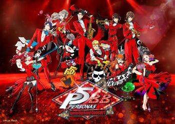 Rule 34 | akechi gorou, amamiya ren, dress, drum, formal clothes, hat, holding, holding instrument, holding saxophone, holding trumpet, instrument, kitagawa yuusuke, looking at viewer, microphone, morgana (persona 5), niijima makoto, official alternate costume, official alternate hairstyle, official art, okumura haru, persona, persona 5, promotional art, red dress, red suit, saitou rokuro, sakamoto ryuuji, sakura futaba, saxophone, suit, takamaki anne, top hat, trumpet, yoshizawa kasumi