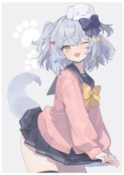 Rule 34 | 1boy, black sailor collar, black skirt, black thighhighs, blue hair, bow, bowtie, cardigan, commentary request, commission, cowboy shot, crossdressing, crossdressing (mtf), dog tail, hair bow, inuno38, inuyama tamaki, inuyama tamaki (1st costume), looking at viewer, male focus, medium hair, miniskirt, noripro, pink cardigan, pleated skirt, sailor collar, school uniform, serafuku, skeb commission, skirt, solo, tail, thighhighs, trap, two side up, virtual youtuber, yellow bow, yellow bowtie, yellow eyes, zettai ryouiki