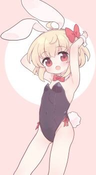 1girl ahoge animal_ears ass black_leotard blonde_hair bow covered_navel detached_collar fake_animal_ears fake_tail feet_out_of_frame hair_bow highres kibisake leotard loli pink_background playboy_bunny rabbit_ears rabbit_tail red_bow red_eyes rumia short_hair solo strapless strapless_leotard tail touhou