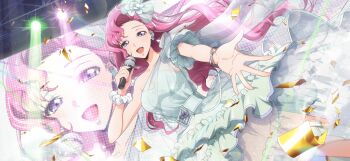 1girl artist_request bangle blush bracelet breasts code_geass code_geass:_lost_stories collarbone confetti dress dutch_angle earrings euphemia_li_britannia female_focus flower frilled_dress frills game_cg hair_flower hair_ornament half-closed_eyes hand_up happy highres holding holding_microphone jewelry leg_up long_hair looking_at_viewer medium_breasts microphone music non-web_source official_art open_mouth outstretched_arm pink_hair purple_eyes reaching reaching_towards_viewer scrunchie see-through_clothes see-through_dress shoes short_sleeves sidelocks singing single_bare_shoulder single_sleeve smile solo spread_fingers stage_lights standing standing_on_one_leg unmoving_pattern white_dress white_flower white_scrunchie white_shoes wrist_scrunchie zoom_layer