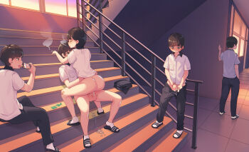 1girl 2019 4boys absurdres ass bandaid bandaid_on_knee bandaid_on_leg black_hair blouse blush bottomless breast_pocket breasts casual_sex cellphone cigarette closed_eyes clothed_sex clothes_pull collared_shirt condom condom_on_penis condom_wrapper cowgirl_position cum facing_away full_body girl_on_top hetero highres indoors large_testicles medium_breasts multiple_boys open_mouth original pants penis pepper0 phone pocket public_indecency pussy_juice recording school school_uniform sex shirt short_hair short_sleeves sitting sitting_on_stairs small_penis smartphone smoking socks spread_legs stairs stairwell standing straddling sweat teeth testicles tile_floor tiles torso_grab uncensored unworn_clothes unworn_pants upper_teeth_only upright_straddle used_condom used_condom_on_penis white_shirt white_socks window