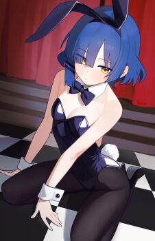 1girl absurdres animal_ears bare_shoulders black_pantyhose black_shoes blue_bow blue_bowtie blue_hair blue_leotard bocchi_the_rock! bow bowtie breasts closed_mouth detached_collar fake_animal_ears high_heels highres holypotato0 leotard looking_at_viewer on_floor pantyhose playboy_bunny rabbit_ears shoes short_hair sitting small_breasts solo white_wrist_cuffs wrist_cuffs yamada_ryo yellow_eyes