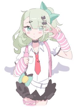 1girl aqua_nails bandaid bandaid_hair_ornament black_choker black_skirt blush chinatsu_remiel choker closed_mouth cowboy_shot earrings fur-trimmed_skirt fur_trim green_eyes green_hair hair_ornament heart heart_hair_ornament highres jewelry looking_at_viewer moe_nayo multiple_hair_clips multiple_thigh_straps musical_note_earrings necktie pink_arm_warmers pink_bag ponytail red_necktie shirt simple_background skirt solo striped_arm_warmers thigh_strap w white_background white_shirt winged_bag zenless_zone_zero
