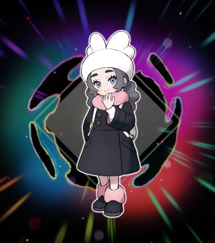 1girl ansha_(pokemon) bag black_coat black_hair blue_eyes blush boots closed_mouth coat full_body grey_hair hat highres long_sleeves looking_at_viewer nintendo official_art pink_scarf pokemon pokemon_legends:_z-a scarf smile solo winter_clothes winter_coat