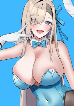 1girl animal_ears aqua_leotard asuna_(blue_archive) asuna_(bunny)_(blue_archive) black_pantyhose blonde_hair blue_archive blue_background blue_bow blue_eyes blue_halo blue_leotard bow bowtie breasts detached_collar fake_animal_ears gloves hair_over_one_eye halo highres large_breasts leotard long_hair looking_at_viewer nakano_kura official_alternate_costume pantyhose playboy_bunny rabbit_ears smile strapless strapless_leotard traditional_bowtie upper_body white_gloves