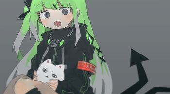 1girl armband black_jacket black_ribbon black_socks blunt_bangs blurry cat commentary_request depth_of_field earrings green_hair grey_background grey_eyes hair_ornament hair_ribbon hairclip highres holding jacket jewelry long_hair long_sleeves looking_at_viewer multicolored_hair nukunuku_nigirimeshi one_side_up open_mouth original red_armband ribbon simple_background sitting smile socks solo tail