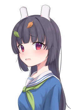 1girl animal_ears black_hair blue_archive blue_shirt blunt_bangs blush breasts commentary fake_animal_ears from_side green_neckerchief highres leaf leaf_on_head long_hair looking_at_viewer missing_halo miyu_(blue_archive) neckerchief open_mouth rabbit_ears raised_inner_eyebrows ramkilog red_eyes sailor_collar shirt simple_background small_breasts solo upper_body white_background
