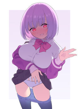 1girl blue_pantyhose blush bob_cut breasts clothes_lift clothes_pull collared_shirt cowboy_shot gridman_universe hand_up highres jacket large_breasts large_variant_set lifting_own_clothes looking_at_viewer panties panties_under_pantyhose pantyhose pantyhose_pull pink_hair pleated_skirt purple_jacket red_eyes school_uniform shinjou_akane shirt short_hair skirt skirt_lift smile solo ssss.gridman standing sweatdrop ukokkei underwear untucked_shirt variant_set white_panties white_shirt