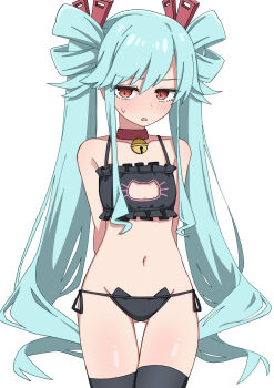 Rule 34 | 1girl, bell, bemani, black bra, black panties, black thighhighs, blue hair, blush, bra, cat cutout, cat ear panties, cat lingerie, choker, clothing cutout, collarbone, commentary, cowboy shot, dot nose, highres, jingle bell, jubeat, long hair, looking at viewer, maud, maud0239, navel, neck bell, open mouth, panties, red choker, red eyes, side-tie panties, simple background, solo, sweatdrop, thighhighs, twintails, underwear, white background