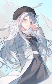 black_bow black_hair blue_background blue_eyes bow collared_uniform flying_paper hair_between_eyes hashtag-only_commentary hat highres jangkrikz long_hair long_sleeves paper project_sekai school_uniform white_hair yoisaki_kanade