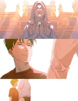 2boys batman_(series) black_hair blue_eyes bruce_wayne child commentary_request dc_comics family_bonding father_and_son highres jason_todd long_sleeves male_focus multiple_boys muscular muscular_male pants parent_and_child shirt short_hair smile tako_jirou