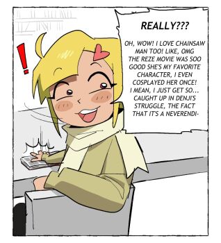 ! 1girl blonde_(untitled_book_club_comic) chair commentary english_commentary ennuikalart hair_ornament heart heart_hair_ornament highres open_mouth scarf sitting solo speech_bubble table teeth untitled_book_club_comic upper_teeth_only