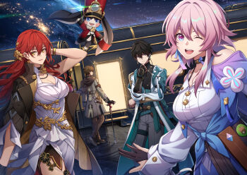 1other 2boys 2girls animal_ears black_hair breasts brown_hair dress earrings fingerless_gloves floating gloves gold highres himeko_(honkai:_star_rail) honkai:_star_rail honkai_(series) jewelry kiyo_(chaoschyan) large_breasts march_7th_(honkai:_star_rail) multiple_boys multiple_girls murata_himeko night one_eye_closed open_mouth pink_hair red_eyes red_hair smile space staff star_(symbol) train train_station yellow_eyes