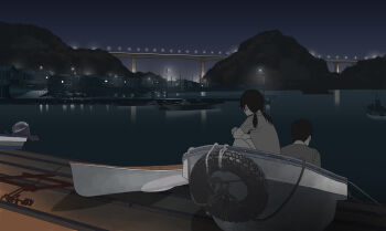 Rule 34 | 1boy, 1girl, bad id, bad pixiv id, black hair, boat, bridge, canoe, commentary, dark, dock, hill, house, light, night, original, rowboat, scenery, shiira, short twintails, sitting, sky, town, twintails, unused tire, water, watercraft